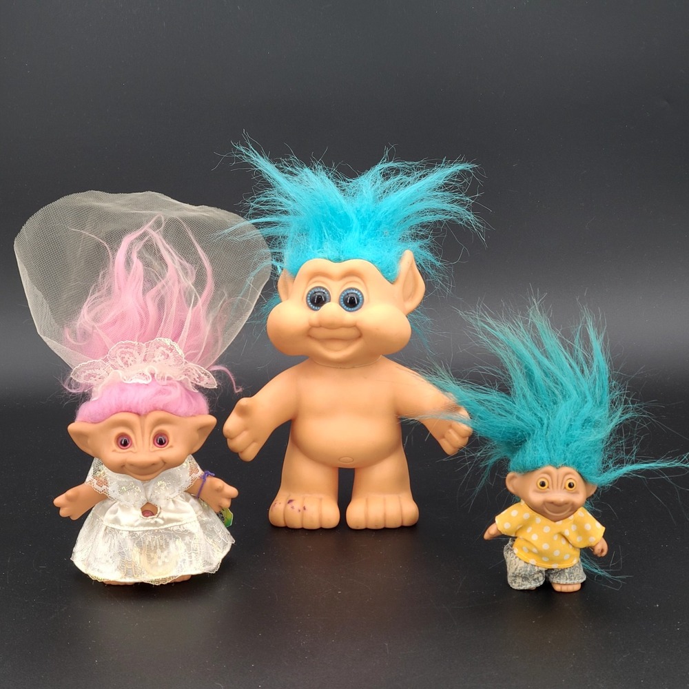 Lot of 3 Vintage 90s Trolls: GTI Zia Treasure Troll Bride, ITB 7" Blue, Russ 3"